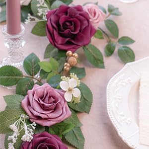 PONATIA 5FT Handcrafted Burgundy Artificial Rose Garland, Dusty Rose Flowers for Wedding Ceremony Garlands Backdrop Arch, Christmas Decorations Table Decor