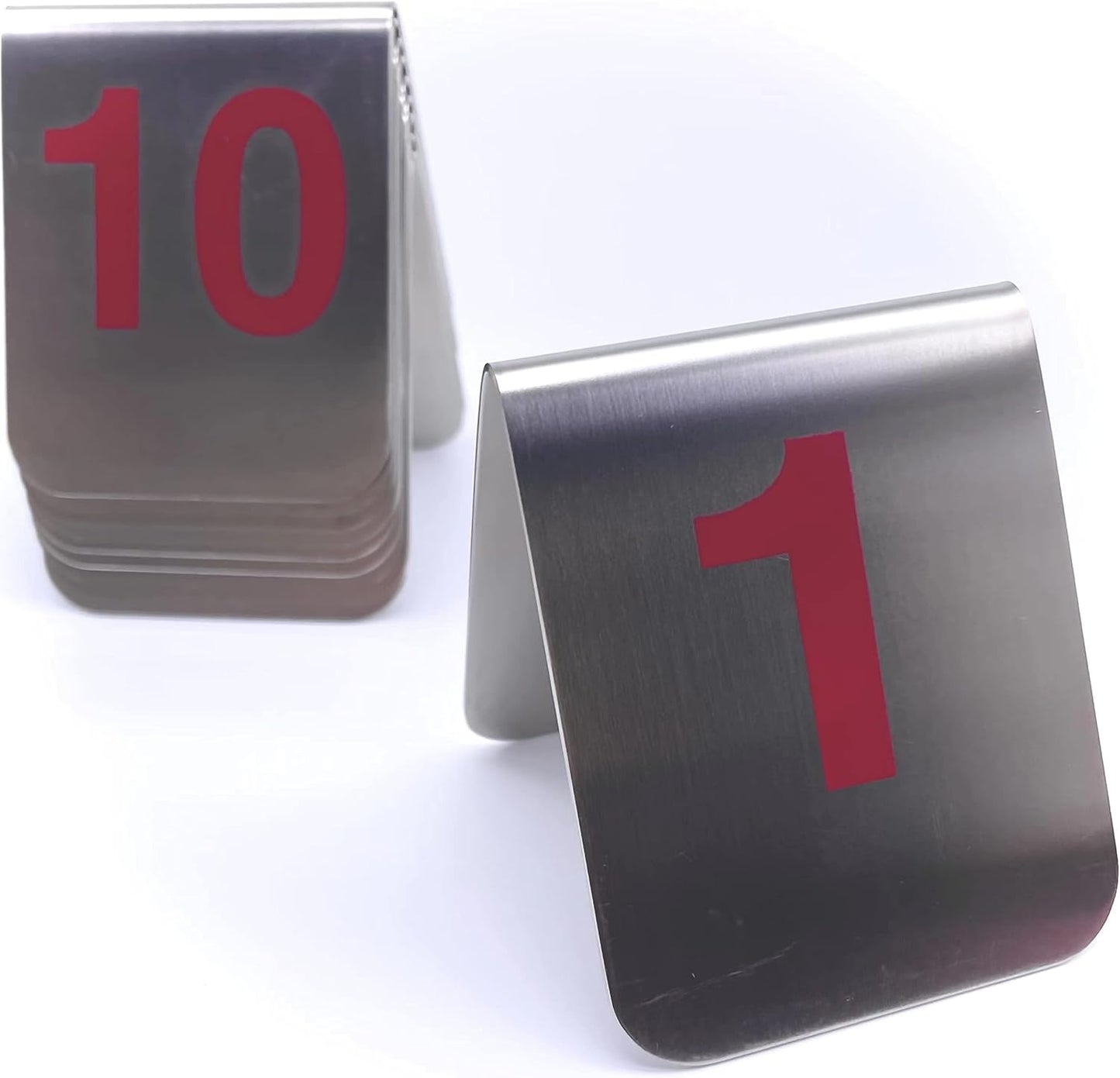 10 Pcs Metal Place Cards Stackable Tent Style Table Numbers,Place Card Holders for Celebration Wedding Party Restaurants Cafes Bars Gatherings meeting Room Board Game Serial (Medium 1-10, Red)