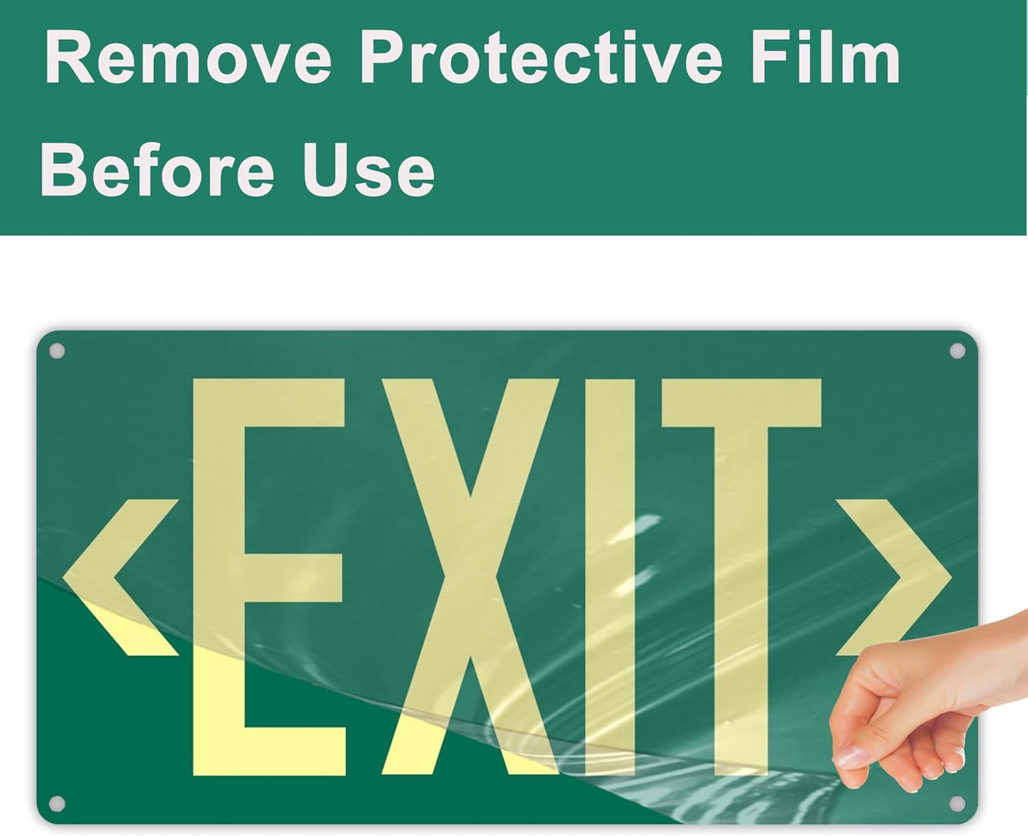 1Pack Photoluminescent Exit Sign Green - Aluminum -14.25"x 7.5" Glow In The Dark Adhesive Backing- Includes 2pcs Removable Arrows- Non Electrical Green Exit Light