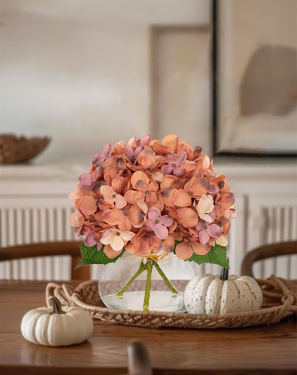 Hollyone Fall Hydrangea Artificial Flowers for Decoration with Glass Vase Dark Peach Autumn Silk Fake Flower Arrangements with Faux Water Table Centerpiece Vase with Flowers Fall Decorations for Home