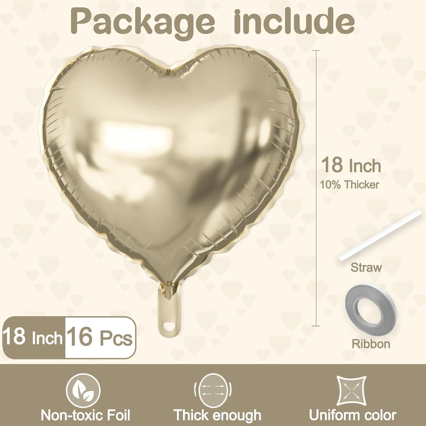 16 Pcs Heart Balloons, 18 Inch Champagne Gold Love Heart Shaped Foil Balloons for Wedding Anniversary Birthday Party Valentine Decorations Baby Shower Bridal Shower Engagement Decorations Supplies