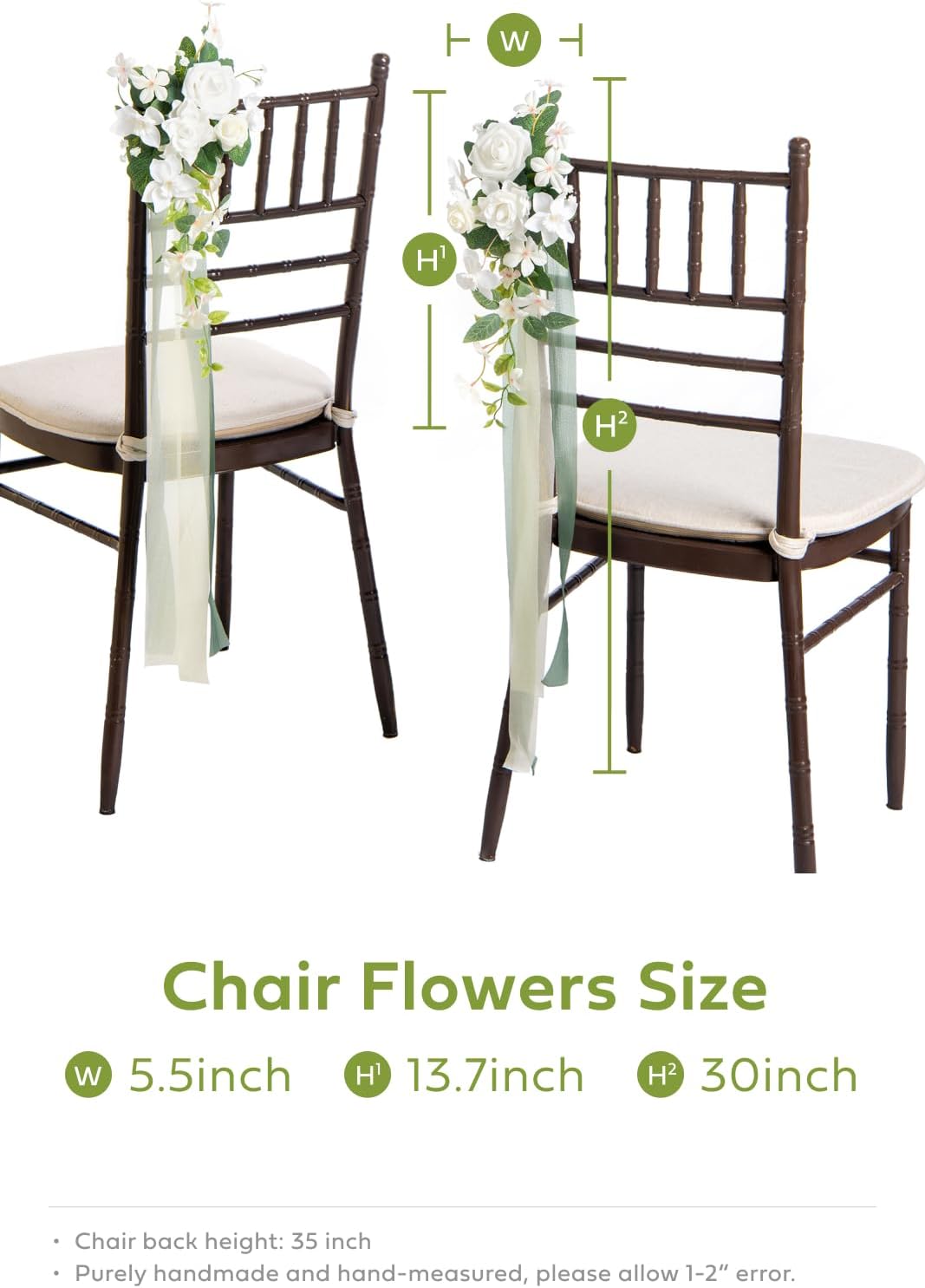 Ling's moment 8pcs Wedding Artificial Aisle Pew Flowers Chair Decorations White & Sage Green Arrangements with Chiffon Ribbons for Ceremony Chair Back Floral Reception Church Party Outdoor