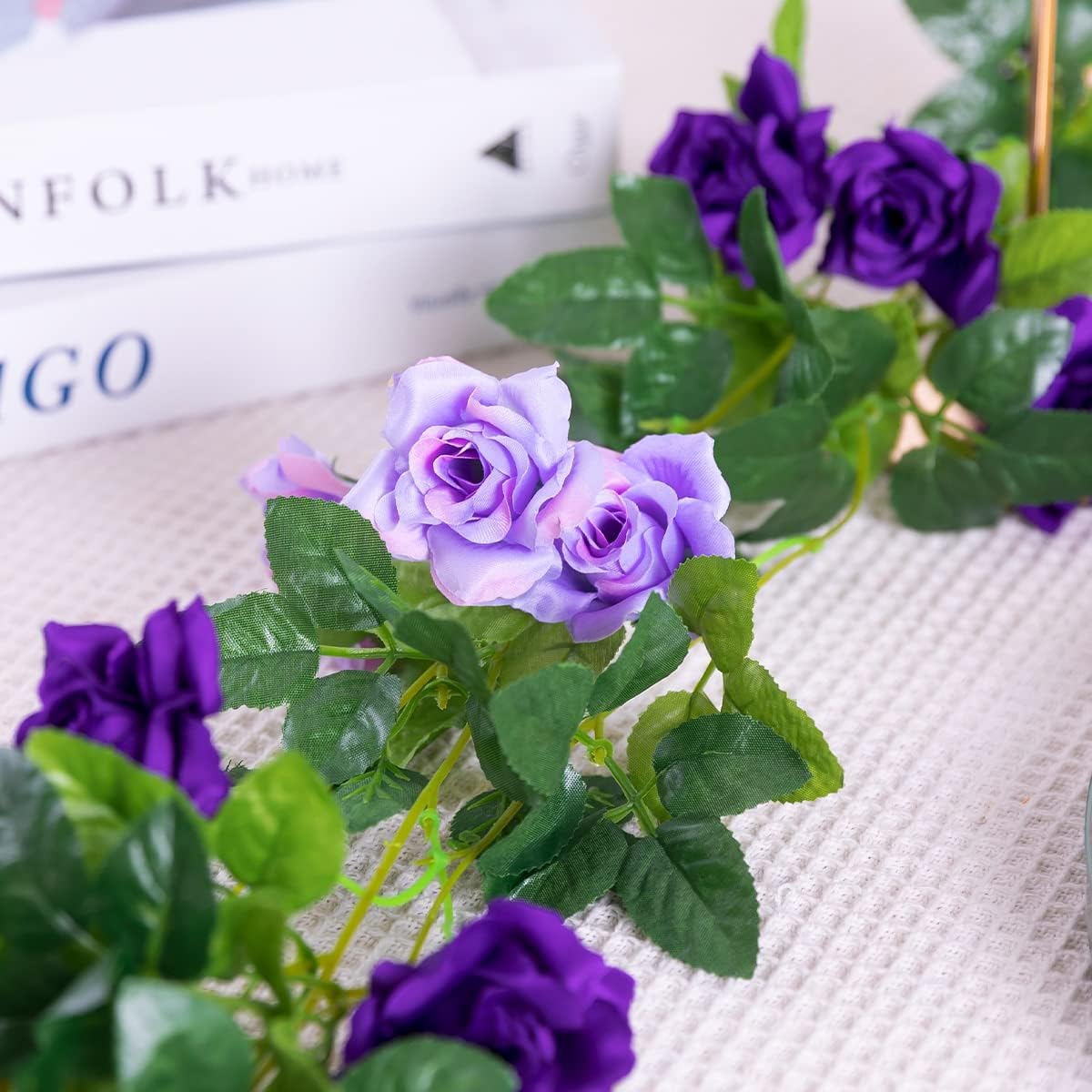 Kisflower 3Pack Artificial Rose Flower Garland, 23.7FT Fake Vines Silk Flowers Hanging Rose Ivy for Wedding Arch Decorations Room Party Home Garden Hotel Office Wall Decor (Purple)