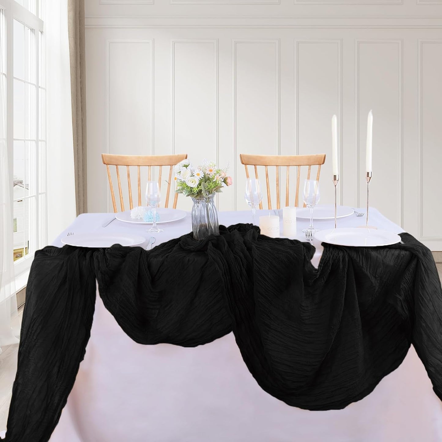 16PCS Black Cheesecloth Table Runner 10FT 35x120Inch Boho Gauze Cloth Long Rustic Sheer for Wedding Party Baby Bridal Shower Decor