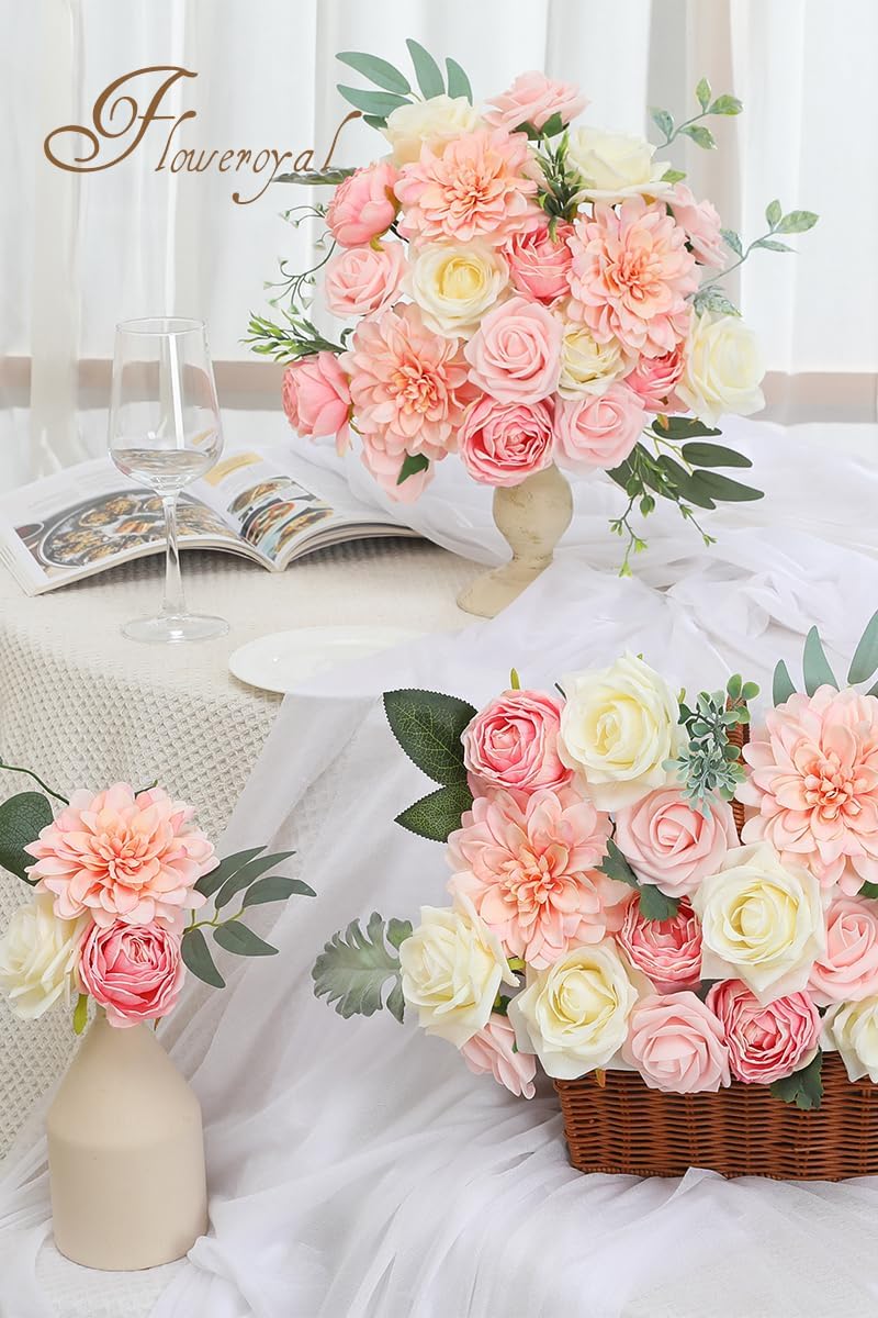 Floweroyal Pink Artificial Flowers Fake Rose Flowers Dahlia with Stems for DIY Wedding Bridal Bouquets, Baby Shower, Floral Arrangement, Table Centerpieces, Home Decorations.