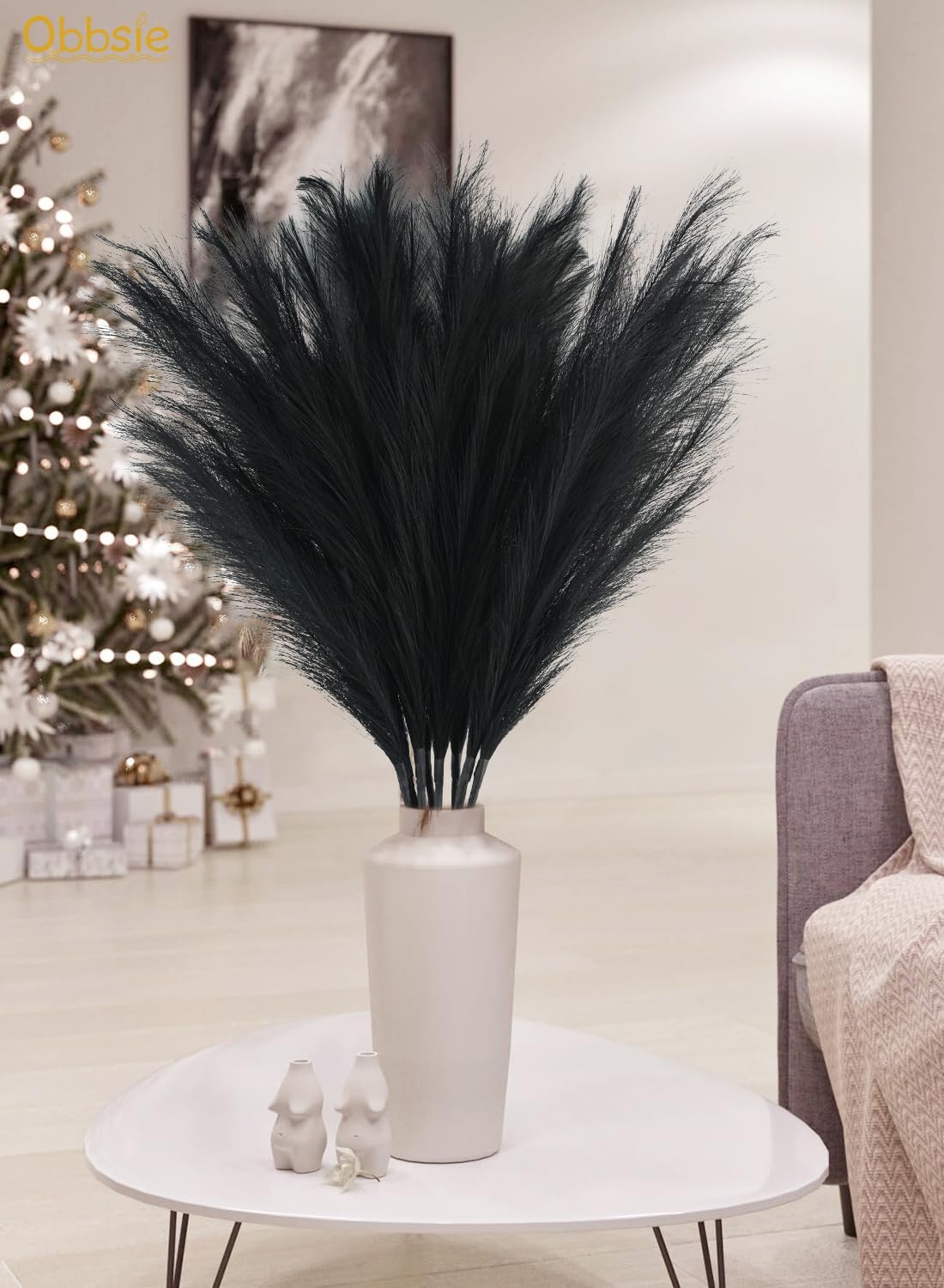 35" Faux Pampas Grass Decor, 8pcs Large Tall Fluffy Artificial Pompous Grass Branches Floral Fake Pompas Grass Bulrush Floor Vase Filler Flower Arrangement for Home Wedding Boho Decor Black