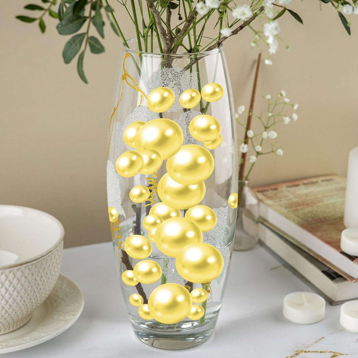 100PCS Yellow Faux Pearls Beads for Centerpiece Vases, Vase Filler Faux Pearls, No Holes Filler Beads for Party Anniversary Birthday Wedding Table Decor, 14/20/30mm
