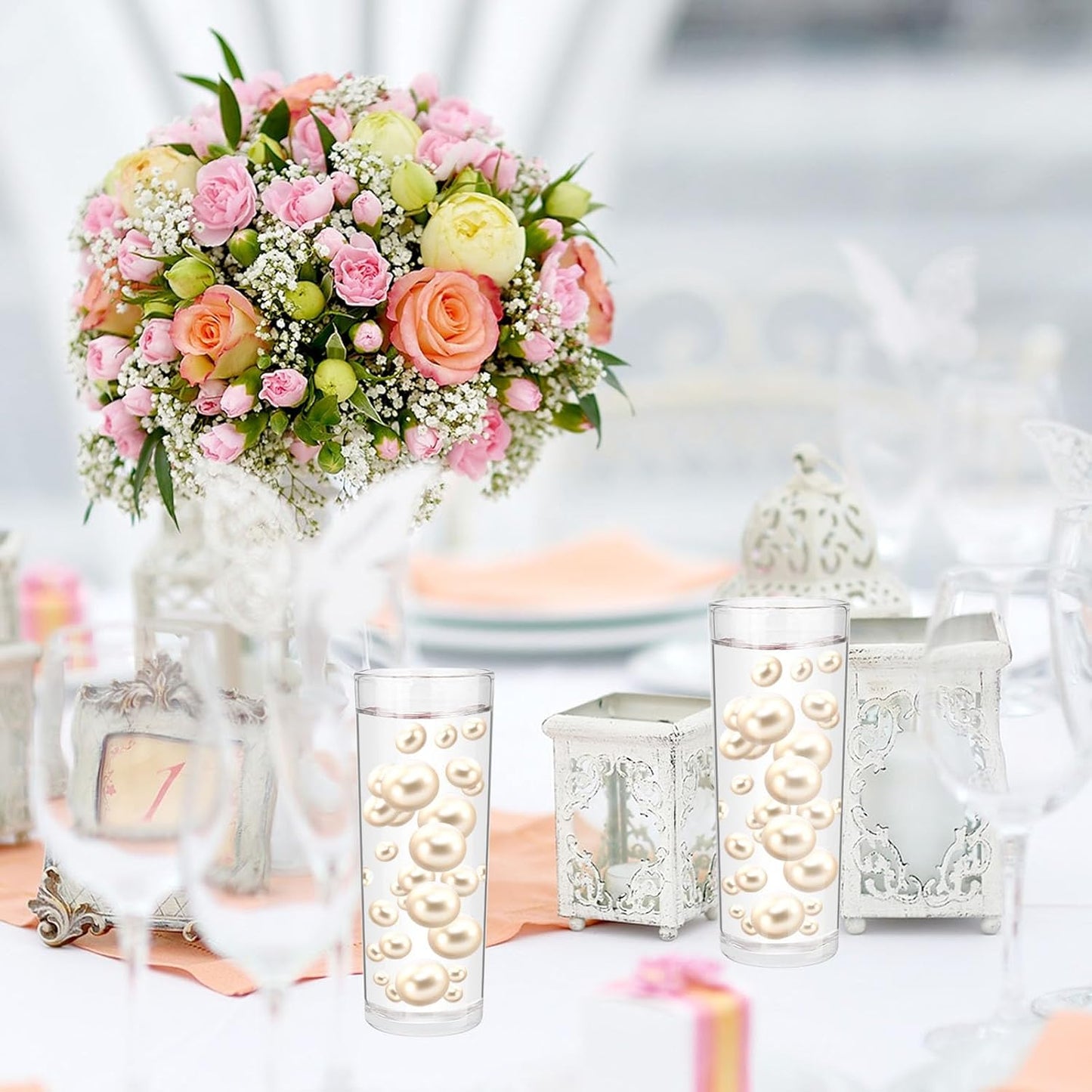 100PCS Milk White Faux Pearls Beads for Centerpiece Vases, Vase Filler Faux Pearls, No Holes Filler Beads for Party Anniversary Birthday Wedding Table Decor, 14/20/30mm