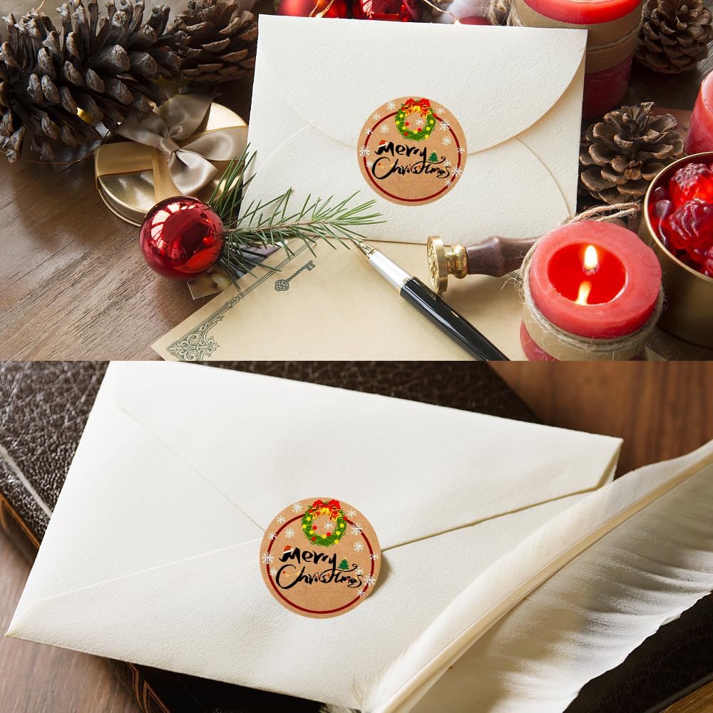 100-1000pcs Custom Stickers Merry Christmas Stickers Personalized Labels Adhesive Xmas Decorative Envelope Seals Stickers for Cards Gift Boxes (Round Kraft -4)