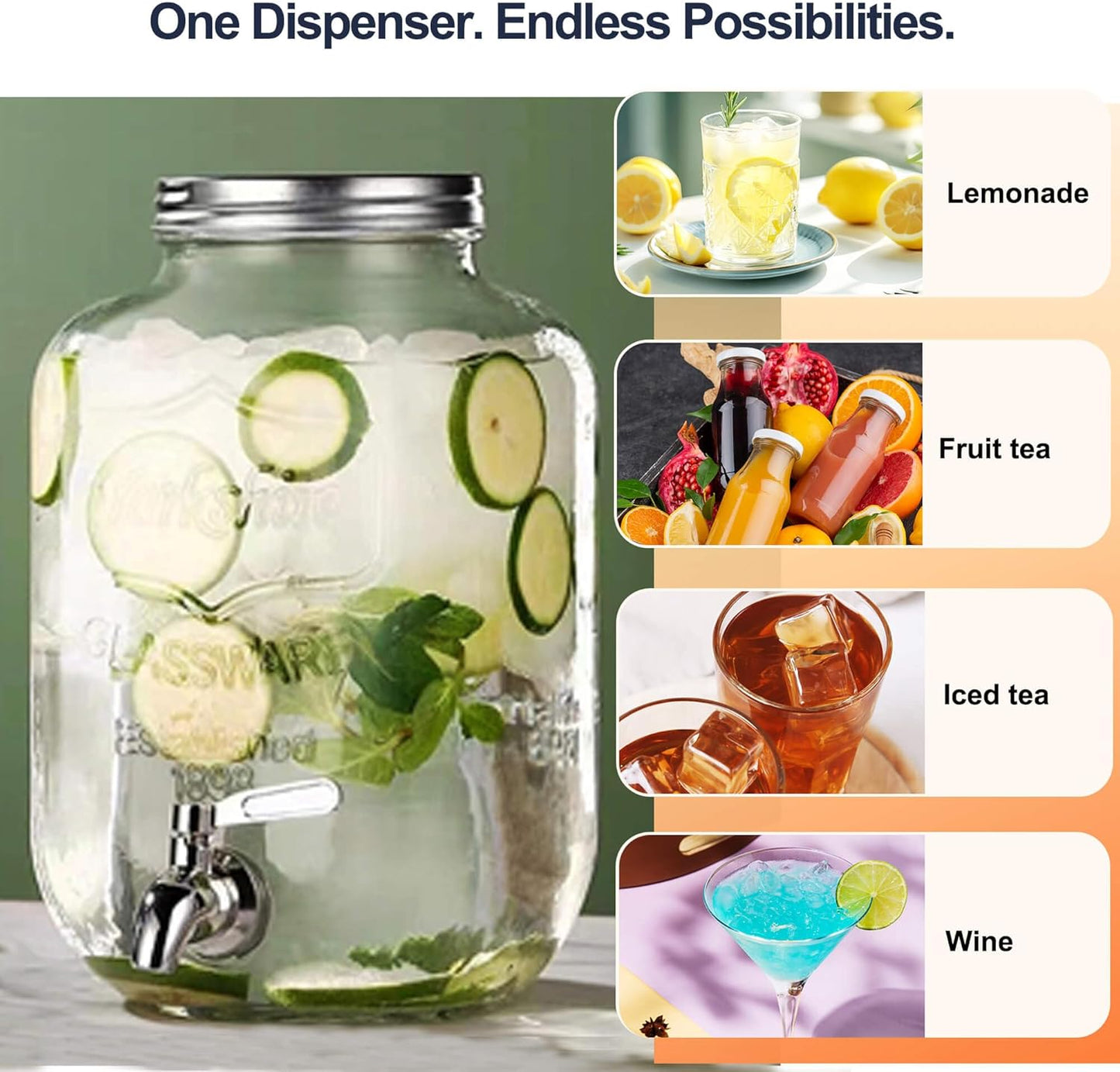 2 Gallon Drink Dispensers for Parties, 2 Pack Beverage Dispensers with Stand, Glass Water Jug Dispenser, with 18/8 Stainless Steel Spigot, Great for Party, Wedding, Picnic, BBQ