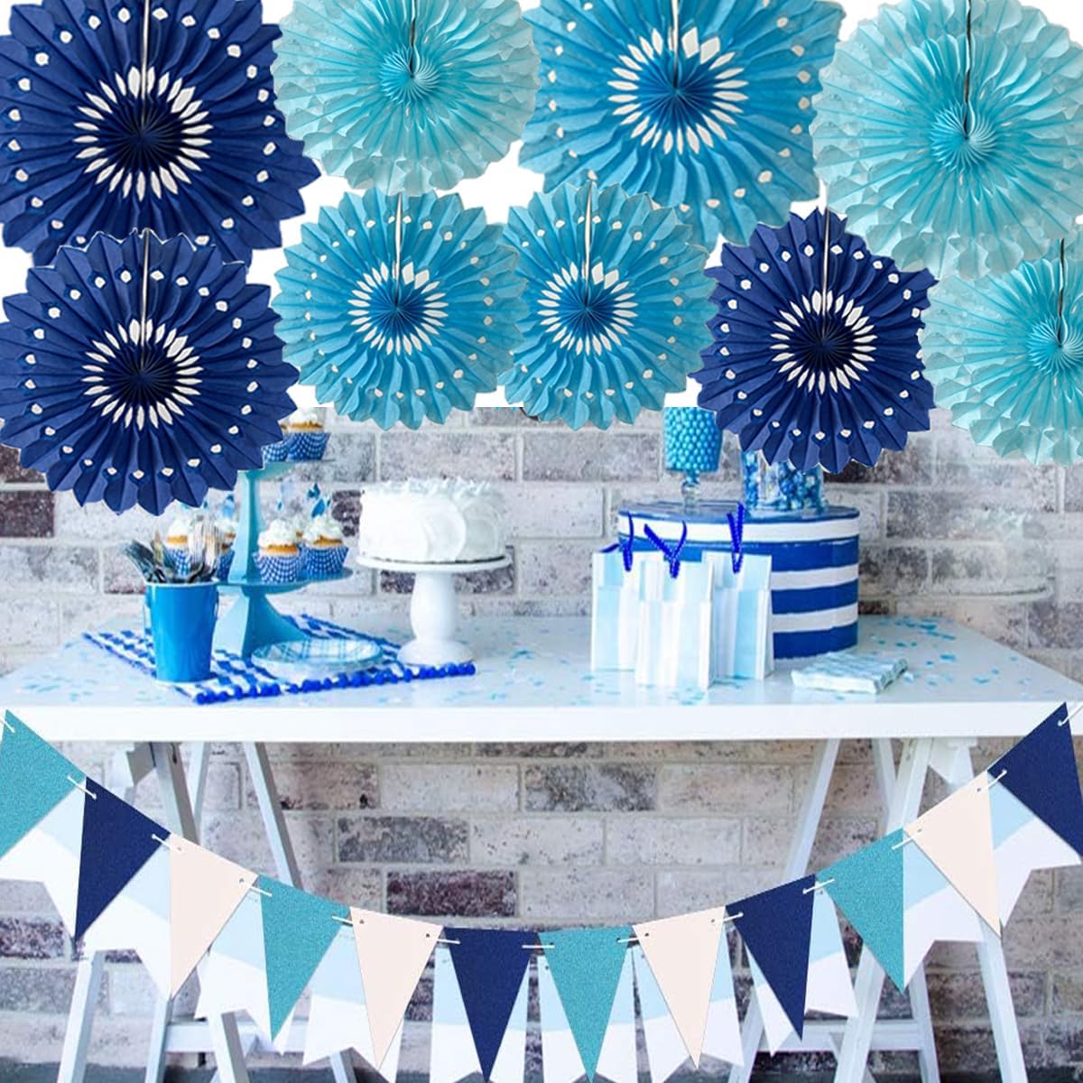 15pcs Blue Tissue Paper Fans Set - 10'' 12'' 14'' Round Honeycomb Fans for Party, Birthday, Wedding Events