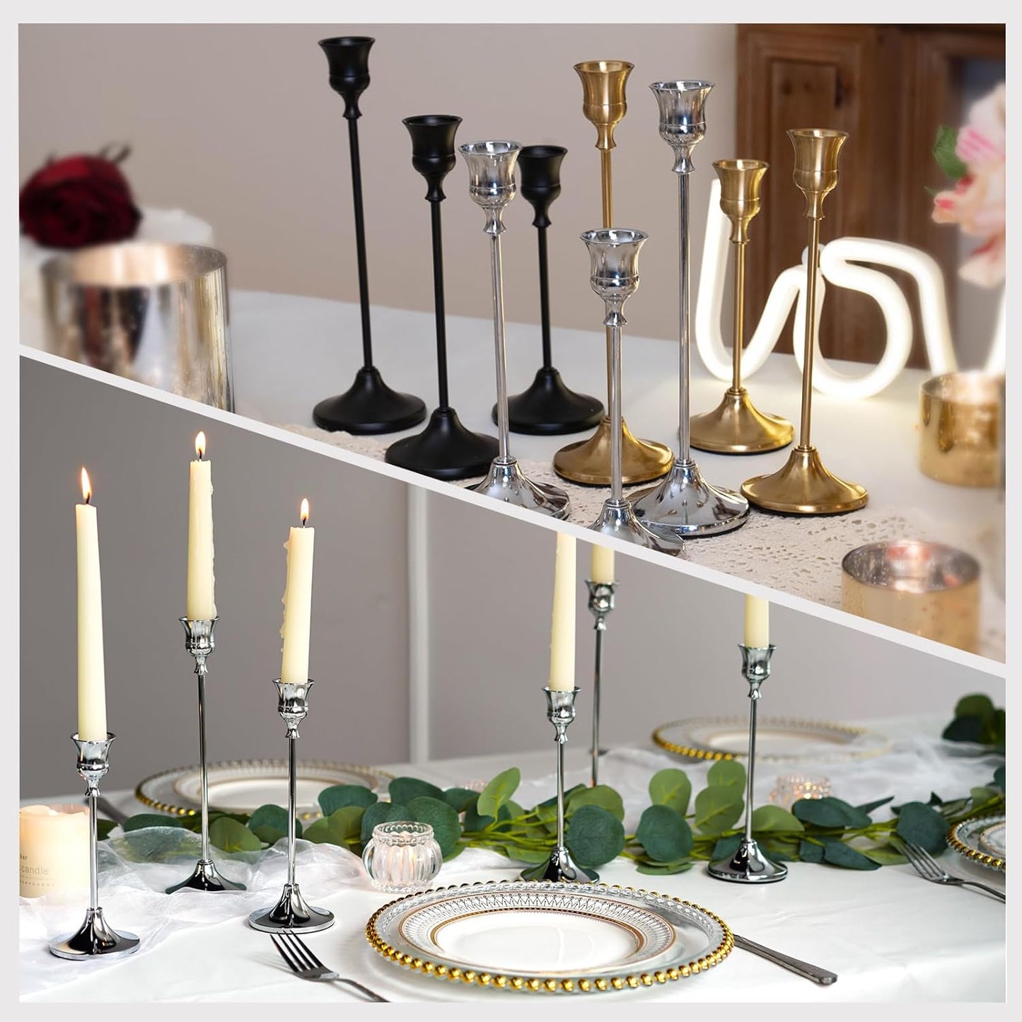 CHILL RECIPE Silver Taper Candle Stick Holders Tall Candle Holder, Vintage Candlesticks Holder Bulk for Home Decor Table Centerpiece Dining Party Festival Decorations(1 Set 3Pcs)