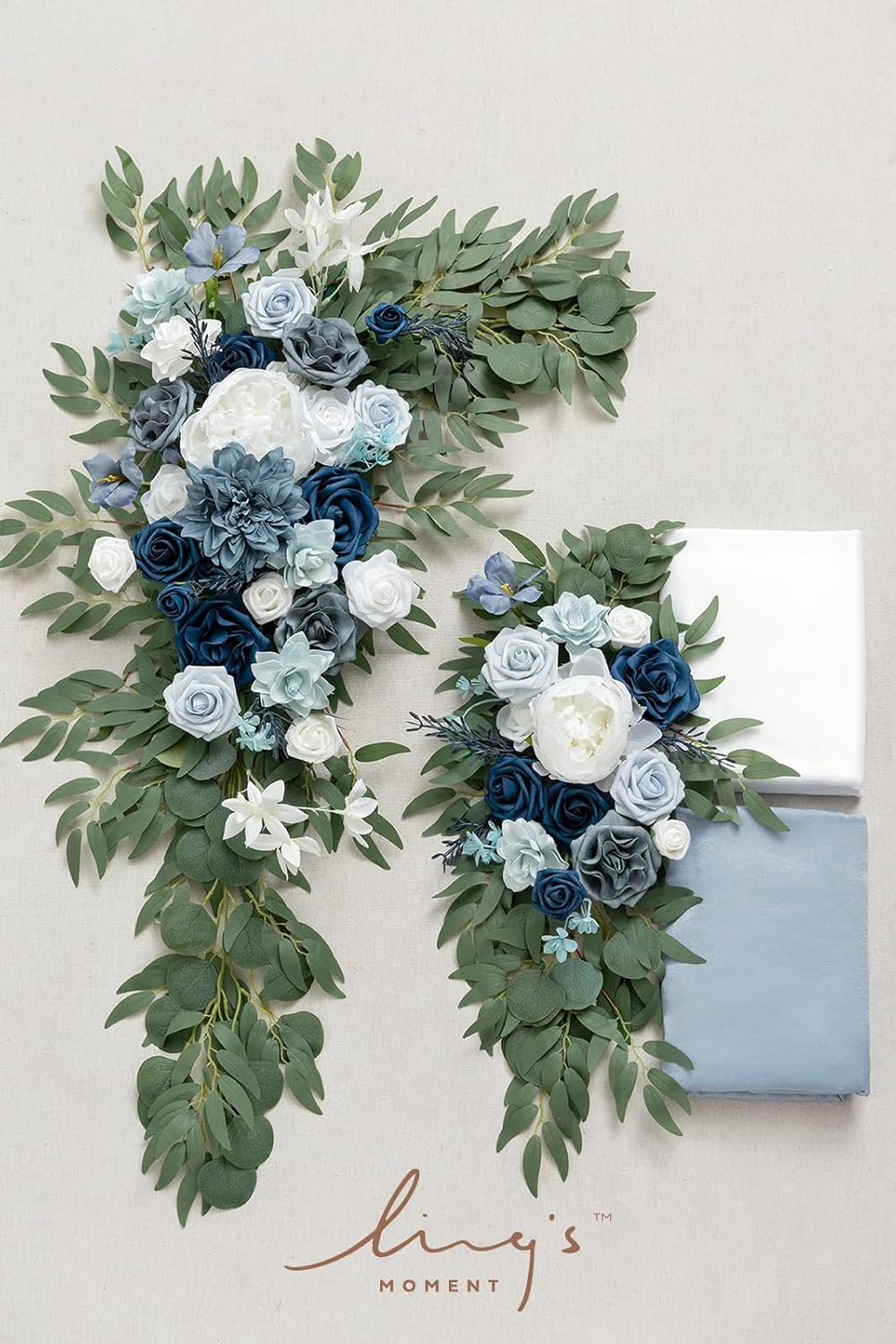 Ling's Moment Dusty Blue Artificial Wedding Arch Flowers Kit Pack of 4, 2pcs Hanging Flower Arrangement 2pcs Chiffon Drape Ceremony Spring Fake Silk Rose Arbor Backdrop Floral Swag Outdoor Beach Decor