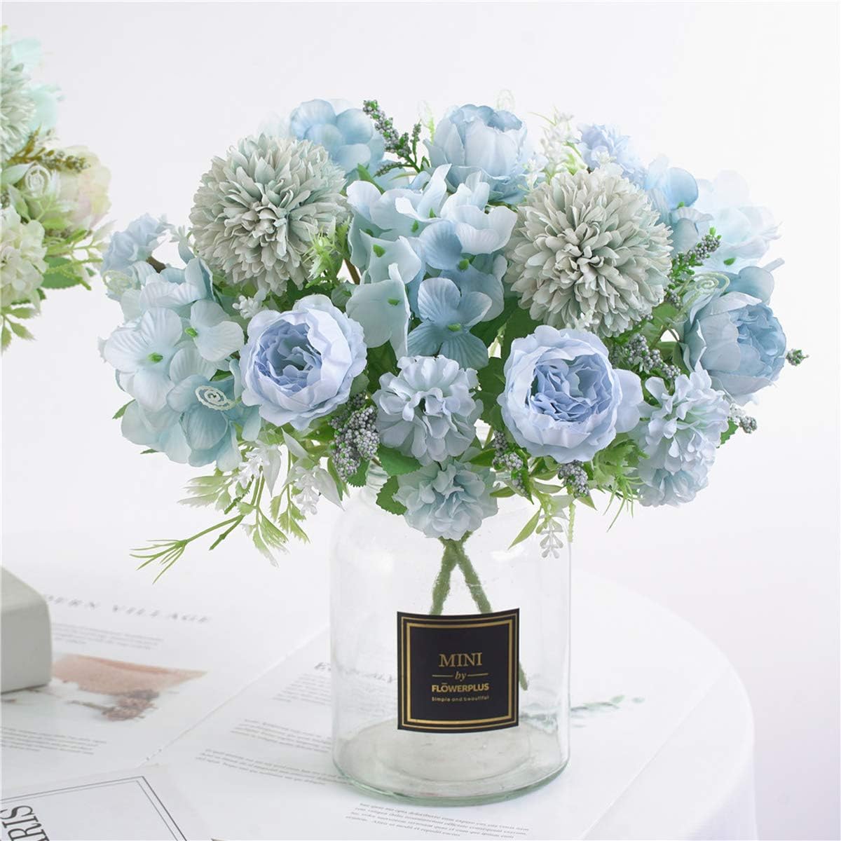 Artificial Flowers, Fake Peony Silk Hydrangea Bouquet Decor Plastic Carnations Daisy Realistic Flower Arrangements Wedding Decoration Table Centerpieces,for Home Office Party Decor 2 Pcs(Blue)
