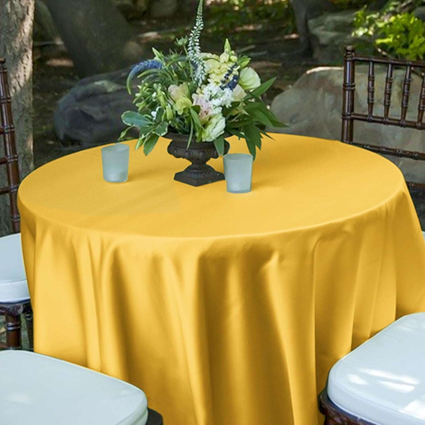 12 Pack 108 Inch Gold Satin Tablecloth - Silky Round Tablecloth Overlay Smooth Fabric Table Cover, Bright Table Decoration for Wedding Party Banquet Events Restaurant Kitchen Dining