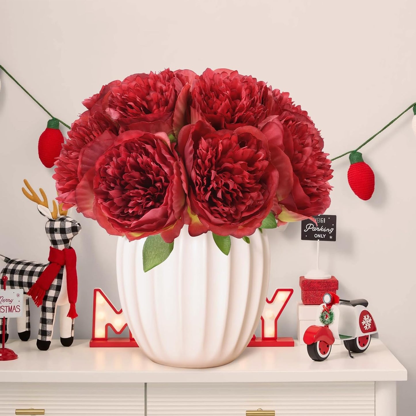 U'Artlines 10 Heads Artificial Peony Silk Flower Leaf Home Office Wedding Party Festival Bar Decor (Red)