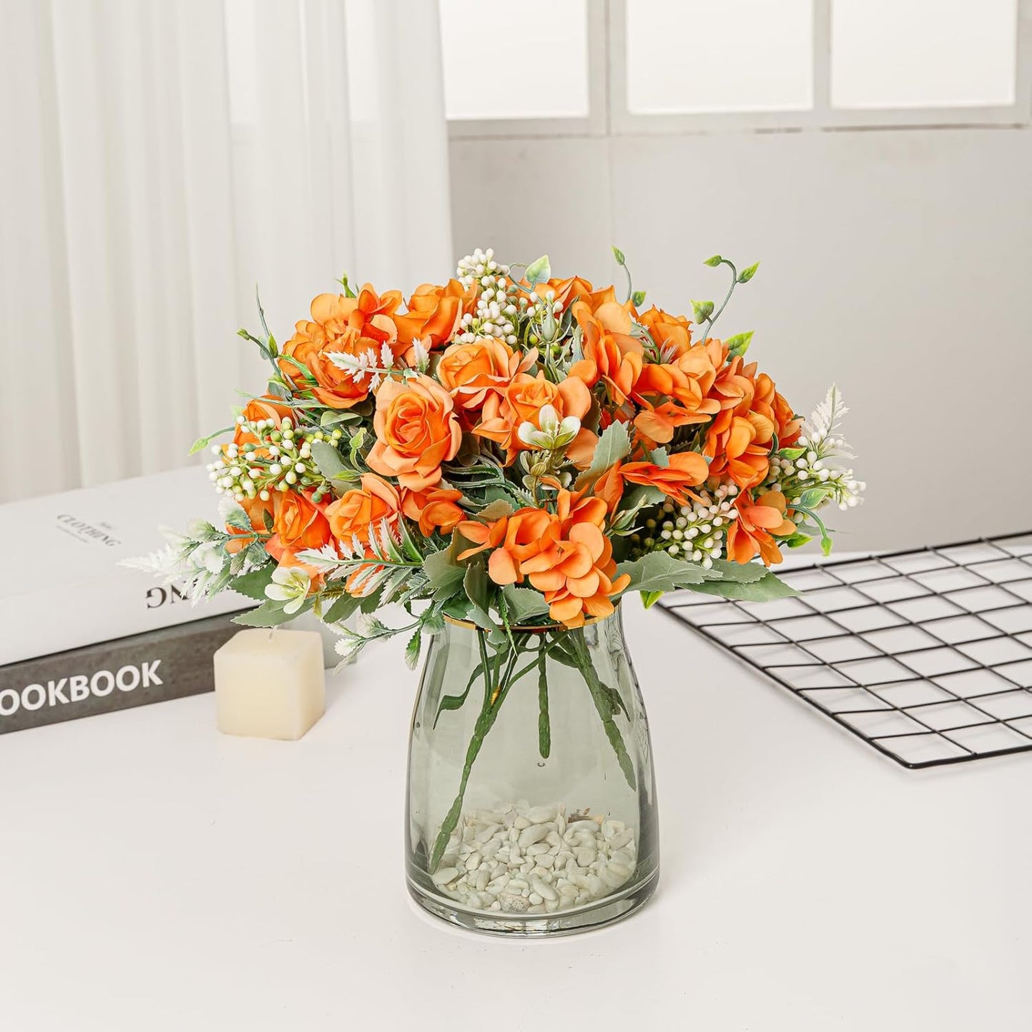 Artificial Flower 5 Branches Artificial Silk Fake Flowers Bouquet Small Roses for Wedding Home Office Tables Decor 2 Packs(Orange)