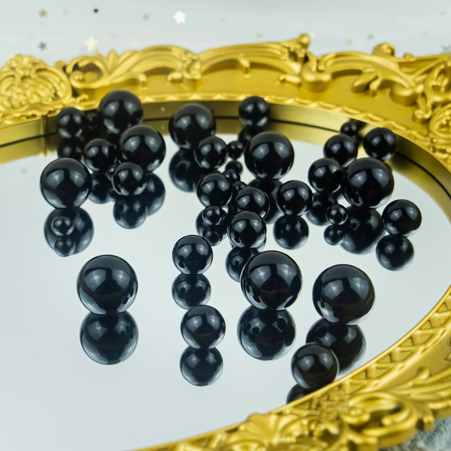 150Pcs Black Polished No Hole Faux Pearl Beads for Vase Filling Decorations, Plastic Pearls Vase Fillers, Table Scatters, Wedding Centerpiece, Home Decor, 8/14/20 mm
