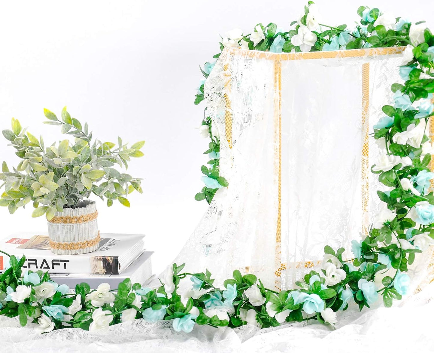 Miracliy 9Pcs 74FT Blue and White Flower Garland Artificial Rose Arch Vines Fake Spring Floral Garland for Flower Wall Backdrop Wedding Mothers Day Garden Tea Party Decoration