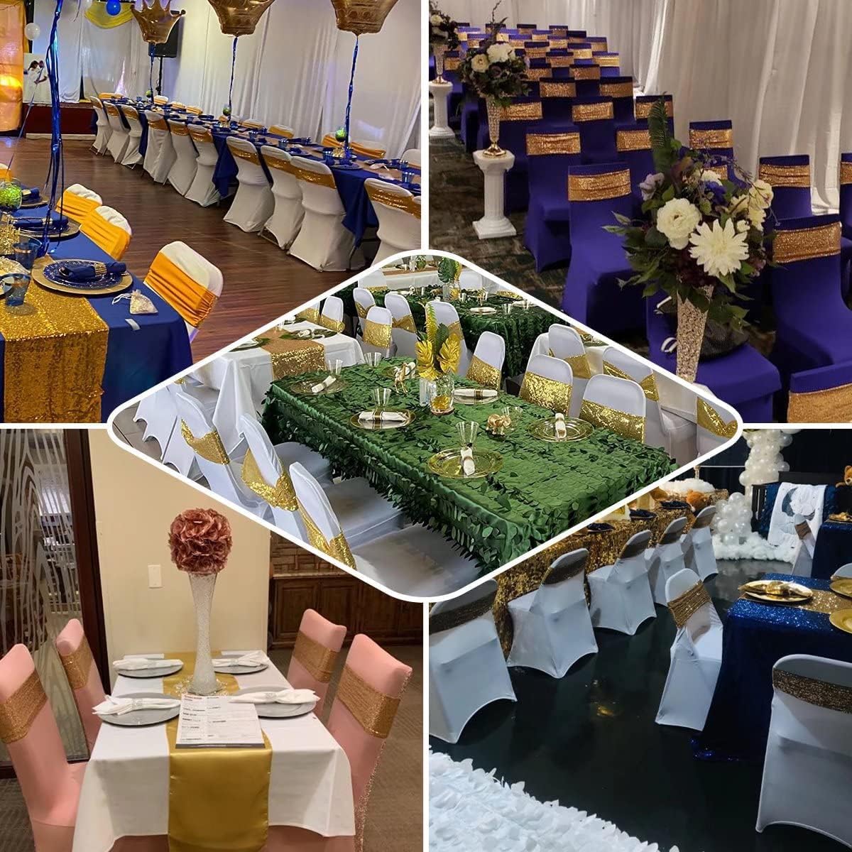 10 Pcs Sequin Chair Sashes Stretch Chair Bands Spandex Polyester Bows for Party Hotel Wedding Banquets Decoration - Rose Gold