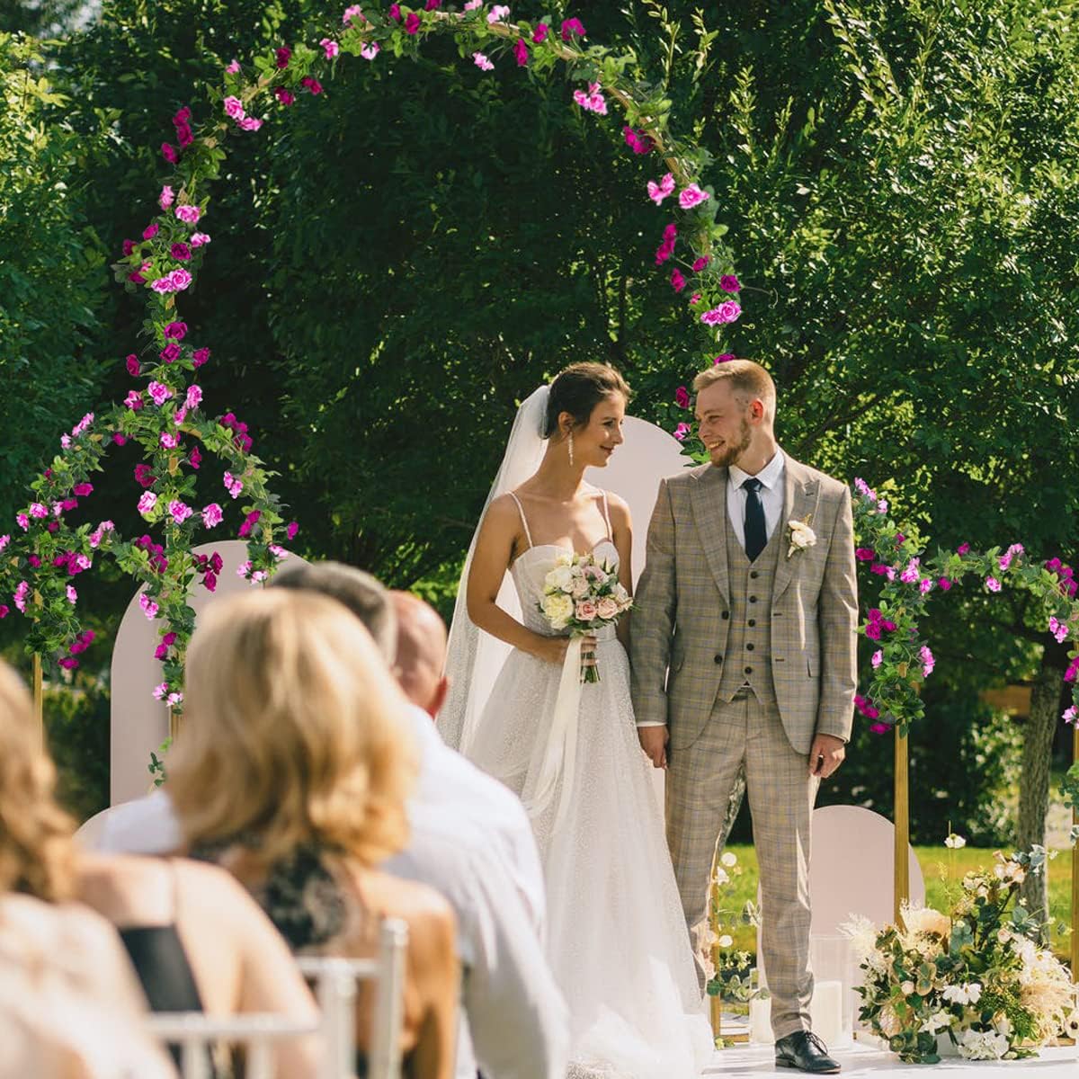 Kisflower 3PCS/23.7FT Artificial Rose Flower Garland, Fake Vines Silk Floral Hanging Plant for Wedding Arch Decorations Room Party Home Garden Hotel Office Wall Decor (Fuchsia)