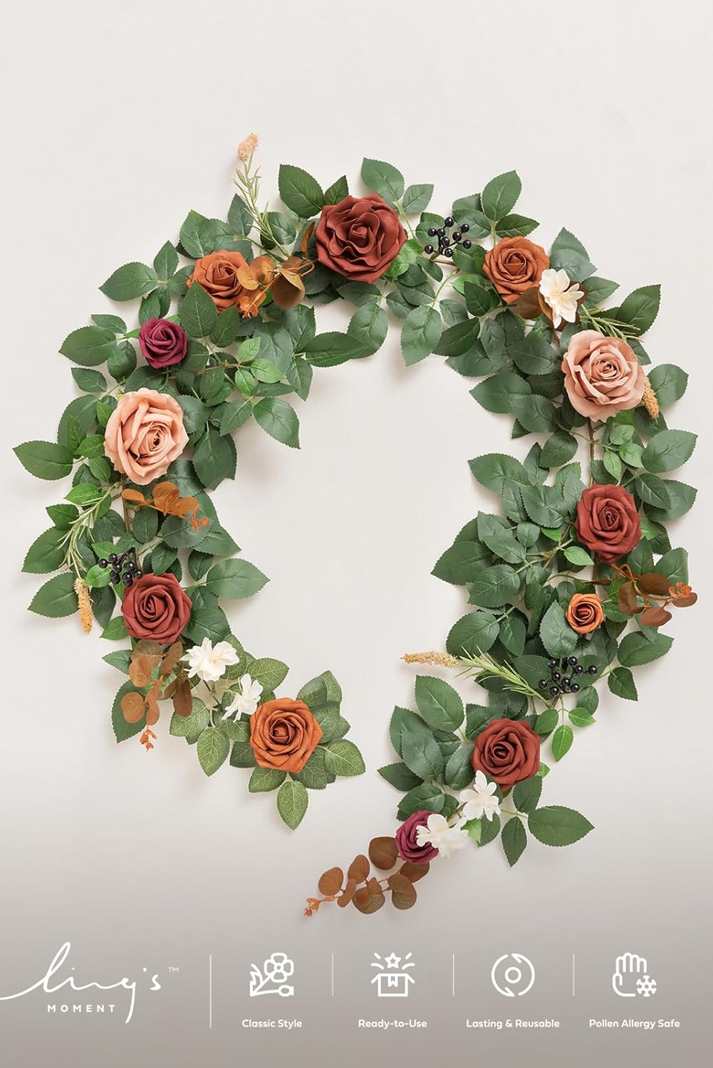 Ling's moment 5FT Terracotta Artificial Flower Garland Rose Eucalyptus Leaves Fall Floral Garland Burnt Orange Arch Flowers Vine for Wedding Party Backdrop Decor Mantel Table Centerpieces Decorations