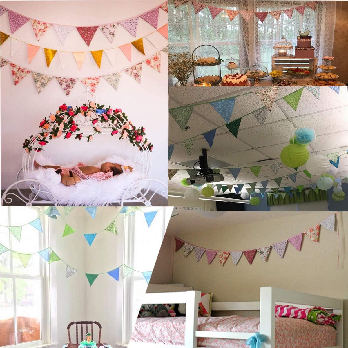 10M/32Ft Triangle Bunting Banner, 36 Pcs Cotton Fabric Flags Pennant Garlands for Birthday Party, Wedding, Baby Shower, Outdoor and Home Decorations (Colorful)