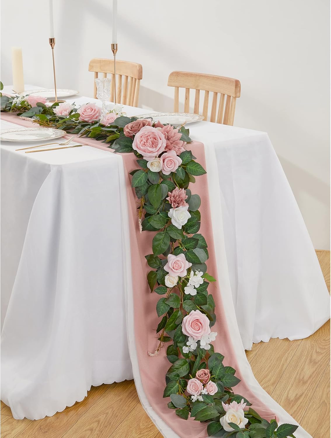9FT Eucalyptus Garland with Flowers, Artificial Flowers Garland Table Runner Decor Arch Backdrop Head Table Decorations for Wedding Sweetheart Table Centerpieces(Blush Pink)