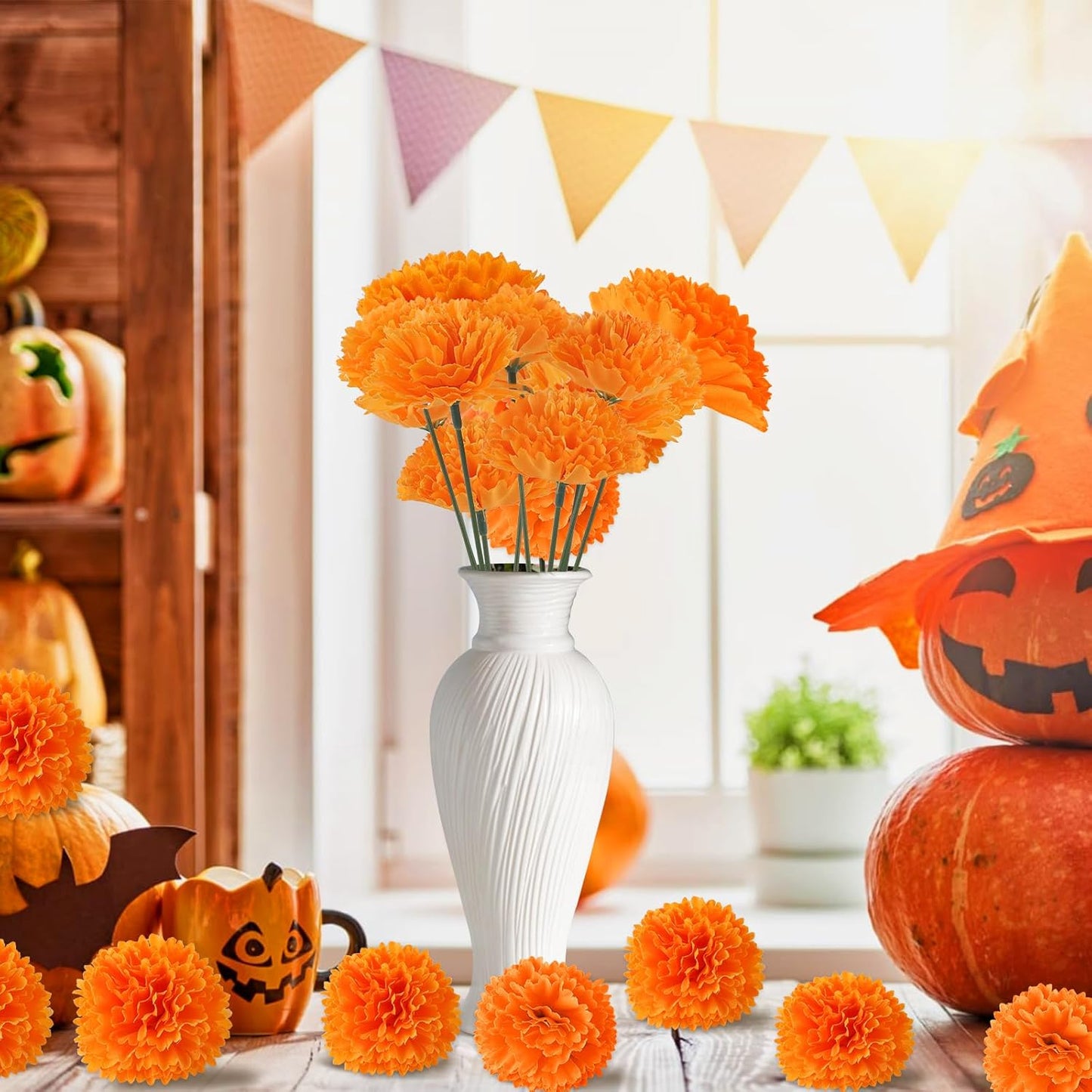 Hananona 50Pcs Artificial Marigold Flower Heads, Silk Marigold Heads Bulk Fake Flowers for Dia De Los Muertos Decor DIY Marigold Garland Day of The Dead Decorations