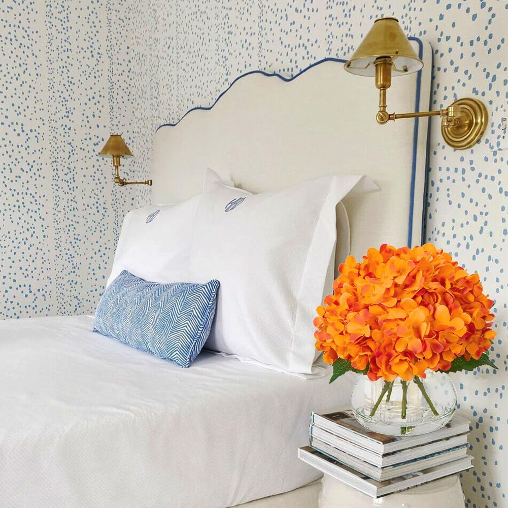 Hollyone Hydrangea Artificial Flowers in Vase Orange Silk Fake Flowers Arrangements with Glass Vase with Faux Water Faux Floral Bulk Bouquet for Office Table Centerpiece Shelf Home Decoration