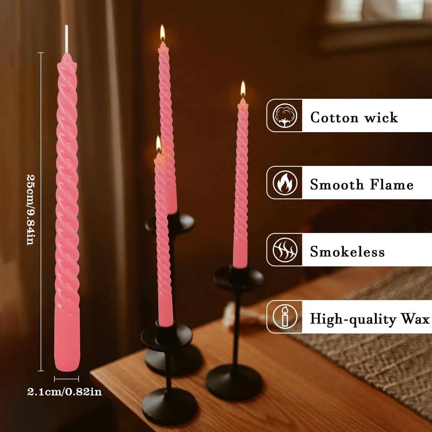 12-Pack Pink Spiral Taper Candles – 10 Inch Elegant Dripless & 10-Hour Burn – Long-Lasting Decorative Candles for Weddings, Birthdays, Parties, Church, Home Decor & Romantic Dinners
