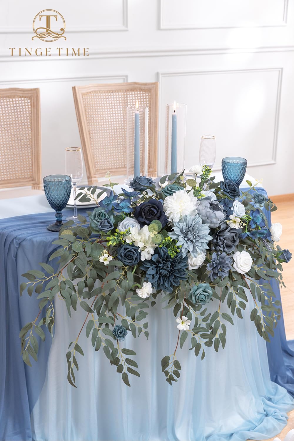 TINGE TIME Artificial Sweetheart Flower Swag with Table Cloth and Table Runner, Pack of 3 Floral Arrangement for Wedding Sweetheart Table Centerpiece Decoration (Dusty Blue)