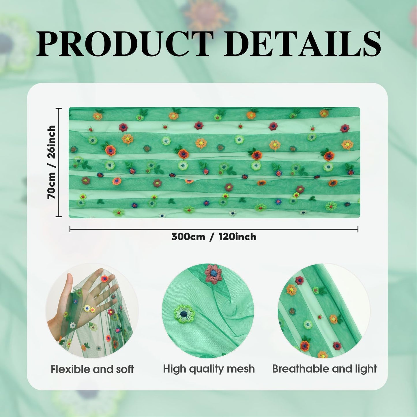 Artoid Mode 3PCS Dark Green Embroidery Daisy Gauze Table Runner 120 Inch 10FT, Seasonal Sheer Dining Holiday Wedding Birthday Table Decor for Home Party