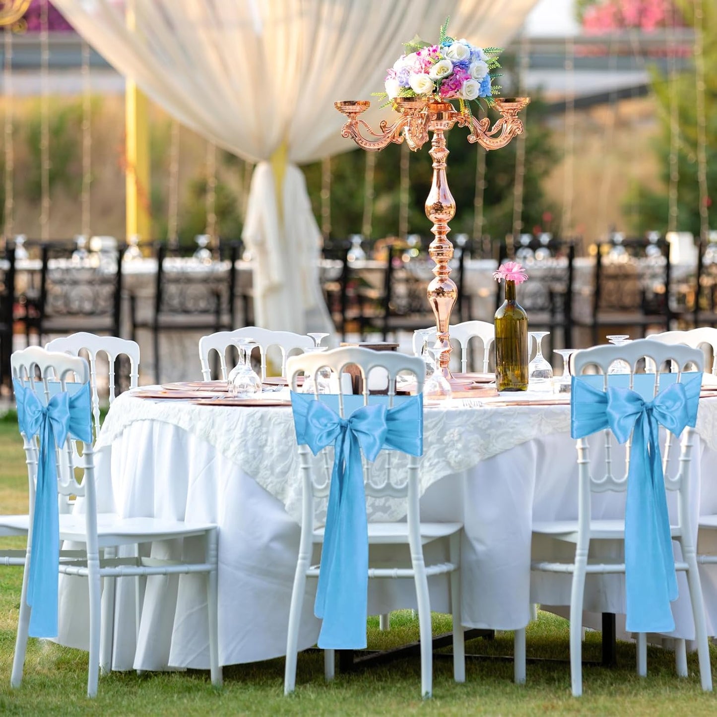 10 PCS Baby Blue Satin Chair Sashes Bows Universal Chair Ribbon Ties Back Sash for Wedding Party Reception Events Banquets Hotel Event Chair Cover Decoration (7x108 inch)