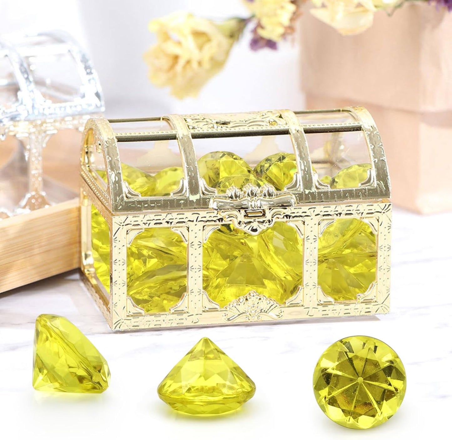 100 PCS Acrylic Diamond Gems, Gold Acrylic Diamonds 1 Inch Acrylic Gemstones Vase Filler Fake Gems Plastic Gems for Home Table Scatters Party, Event, Wedding, Arts & Crafts, Birthday Decorations