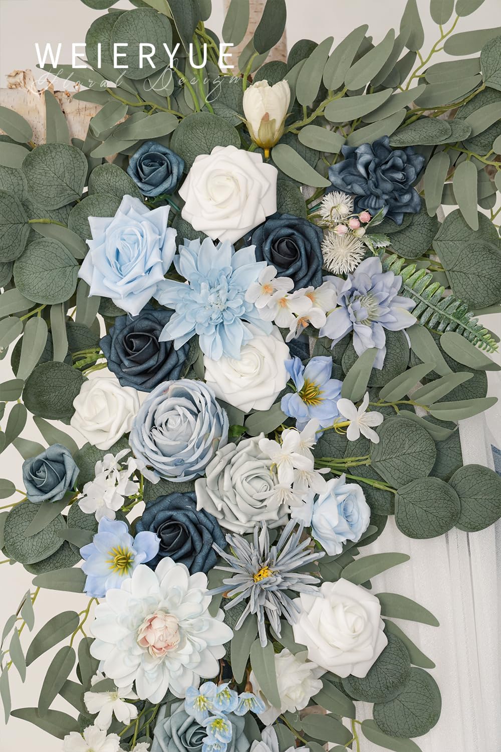 Deluxe Blue Artificial Wedding Arch Flowers with Drapes Kit-Pack of 5, 2pcs Flower Arrangements 3pcs Hanging Sheer Drapes Blue Ceremony Arbor Reception Backdrop Rose Floral Decorations.