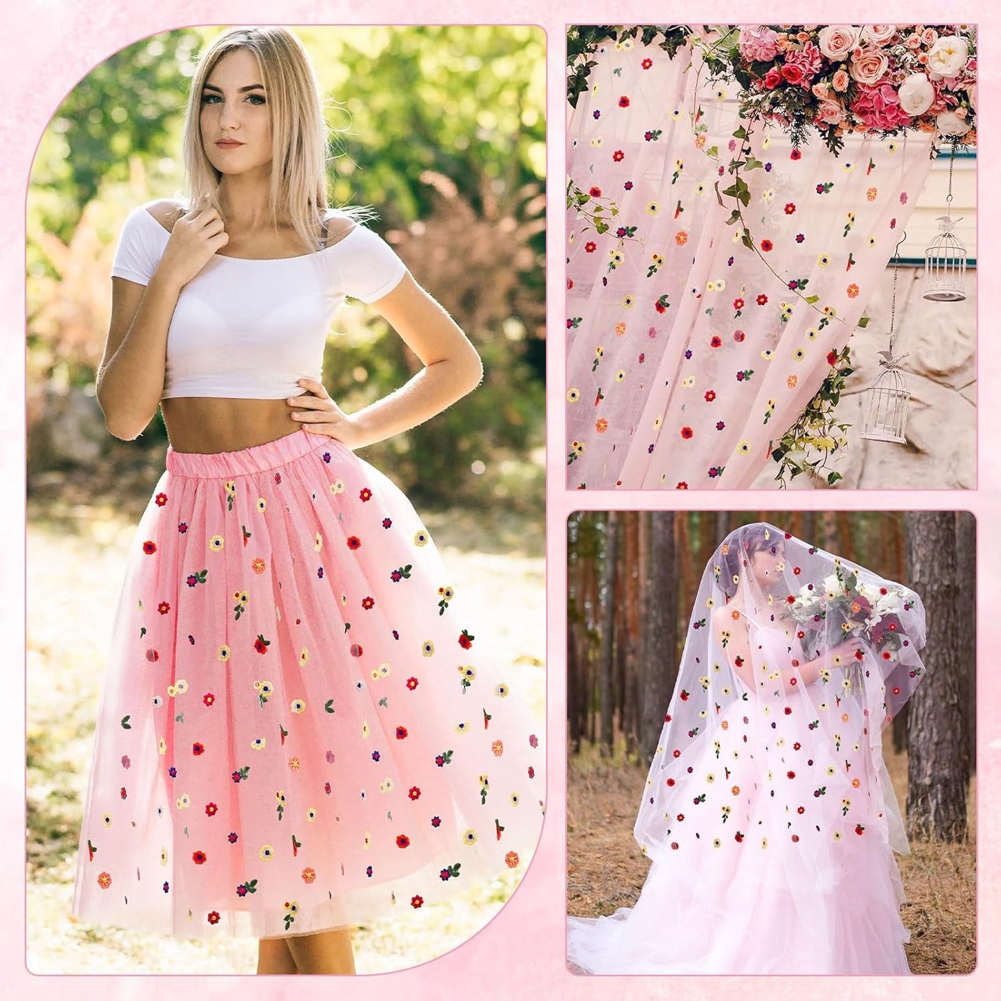 6PCS Pink Floral Table Runner 10 FT, Embroidery Daisy Table Runners Seasonal Sheer Tulle Table Runner for Thanksgiving Wedding Birthday Baby Shower Party 