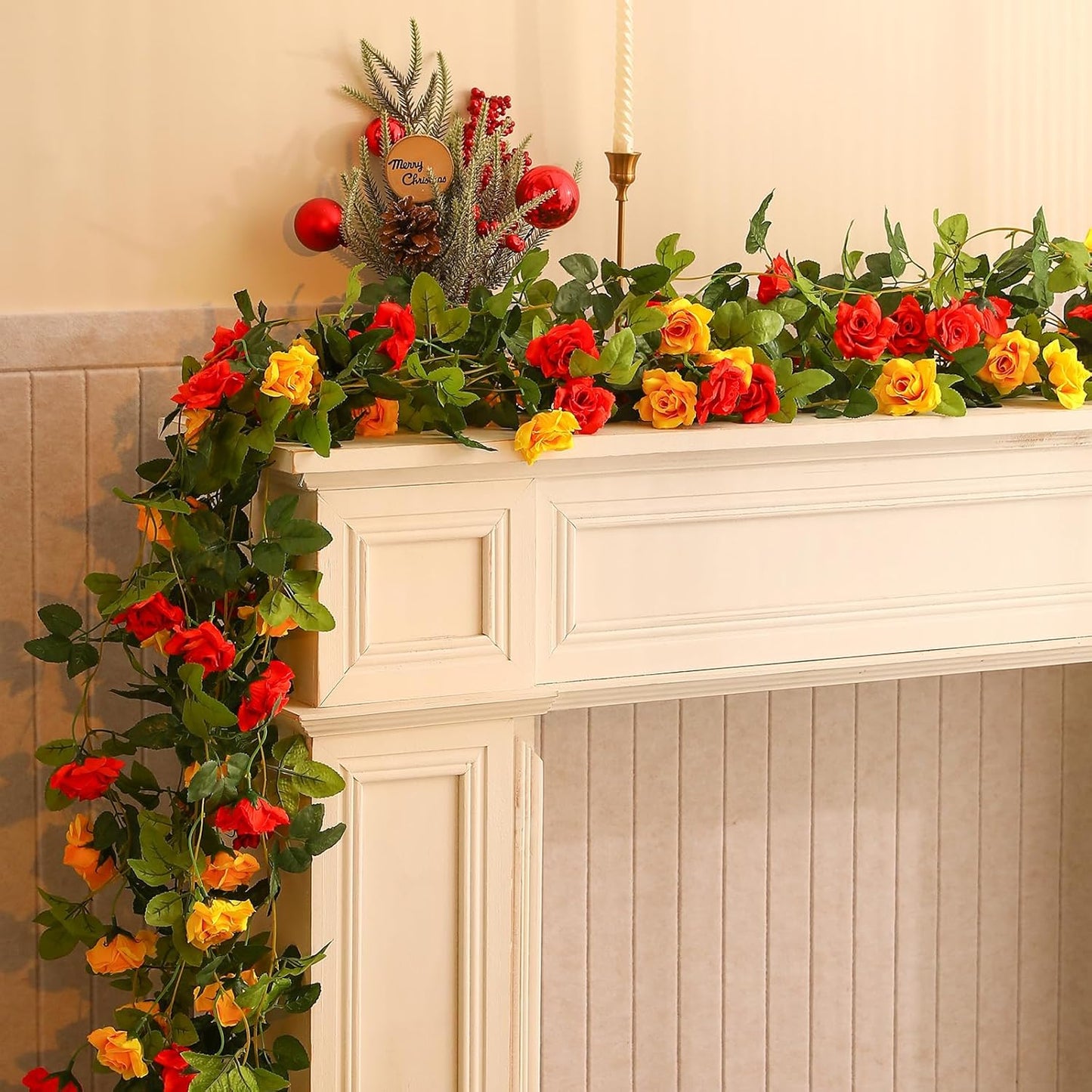 Floweroyal 2 Pack Artificial Flower Garlands 15.8FT Fake Rose Vines Silk Flowers Hanging Rose Ivy for Wedding Arch Party Home Garden Wall Decor (Orange Yellow)