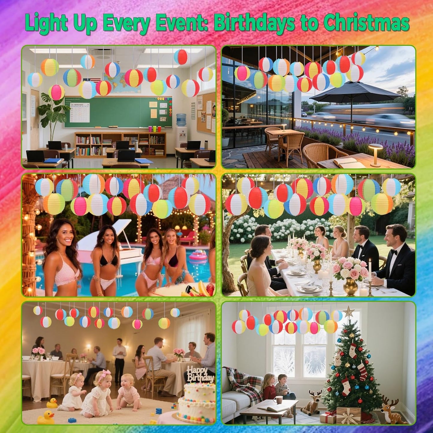 15Pcs Beach Ball Hanging Paper Lanterns Colored Summer Party Decorations for Pool Backyard Outdoor Classroom