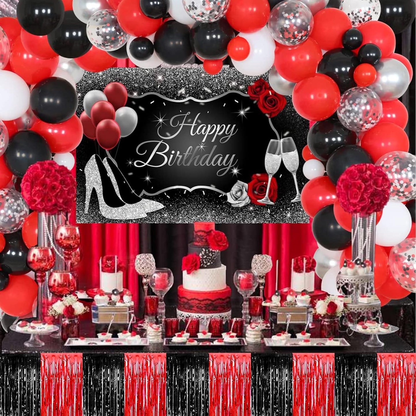 4 Pack 29x108 Inch Metallic Foil Fringe Tinsel Table Skirts for Rectangle Tables Streamer Backdrop for Wedding, Birthday, Parade Floats, Christmas, Halloween Party Decoration(Black Red)