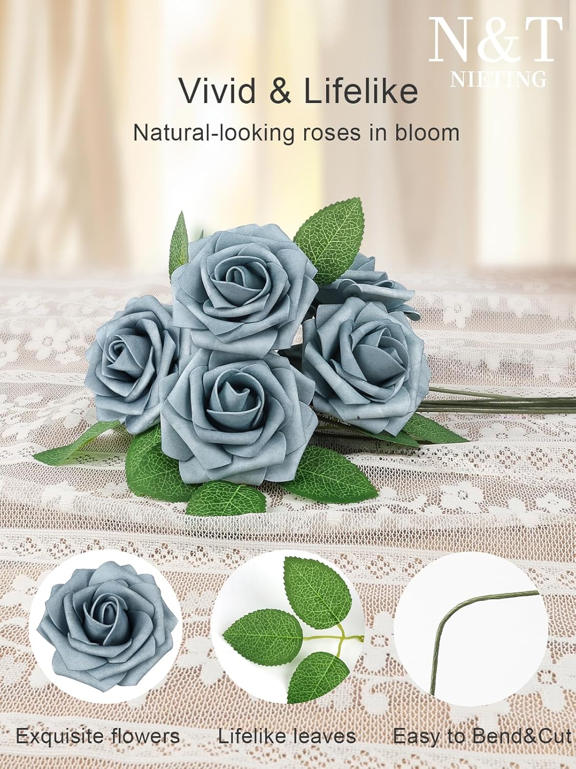 N&T NIETING Artificial Flowers, 25pcs Foam Roses Fake Flowers DIY Wedding Party Cake Decoration, Home Display, Dusty Blue Gray