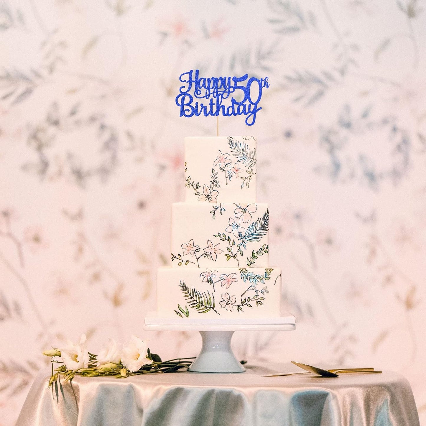 1 PCS Happy 50th Birthday Cake Topper Glitter Cheers to 50 Years Birthday Cake Pick 50 Fabulous Cake Decoration for Happy 50th Birthday Anniversary Party Decorations Supplies Blue