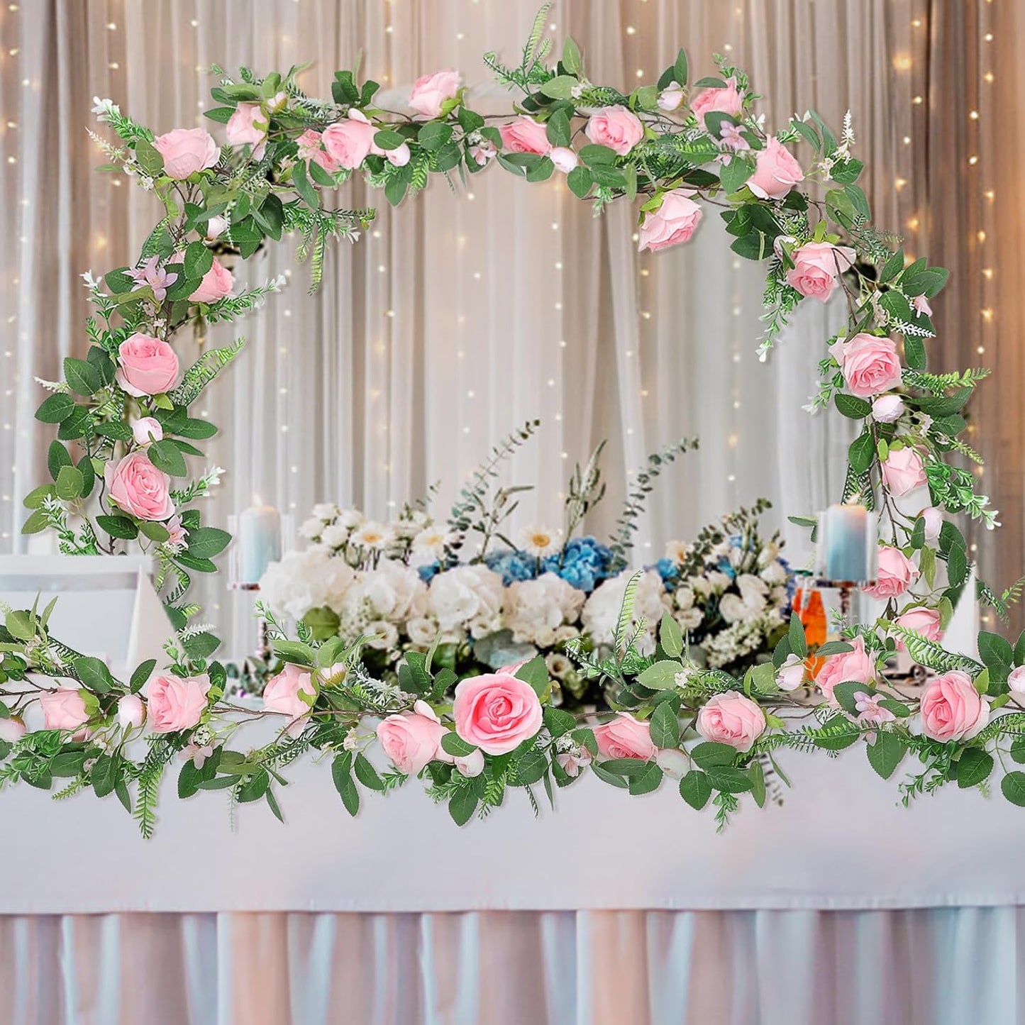 Naidiler Full Pink Flower Garland, 6.2FT Artificial Rose Floral Vine Pretty Spring Pink Flower Garland for Wedding Arch Decor Home Backdrop Wall Table Centerpiece Valentines Decoration