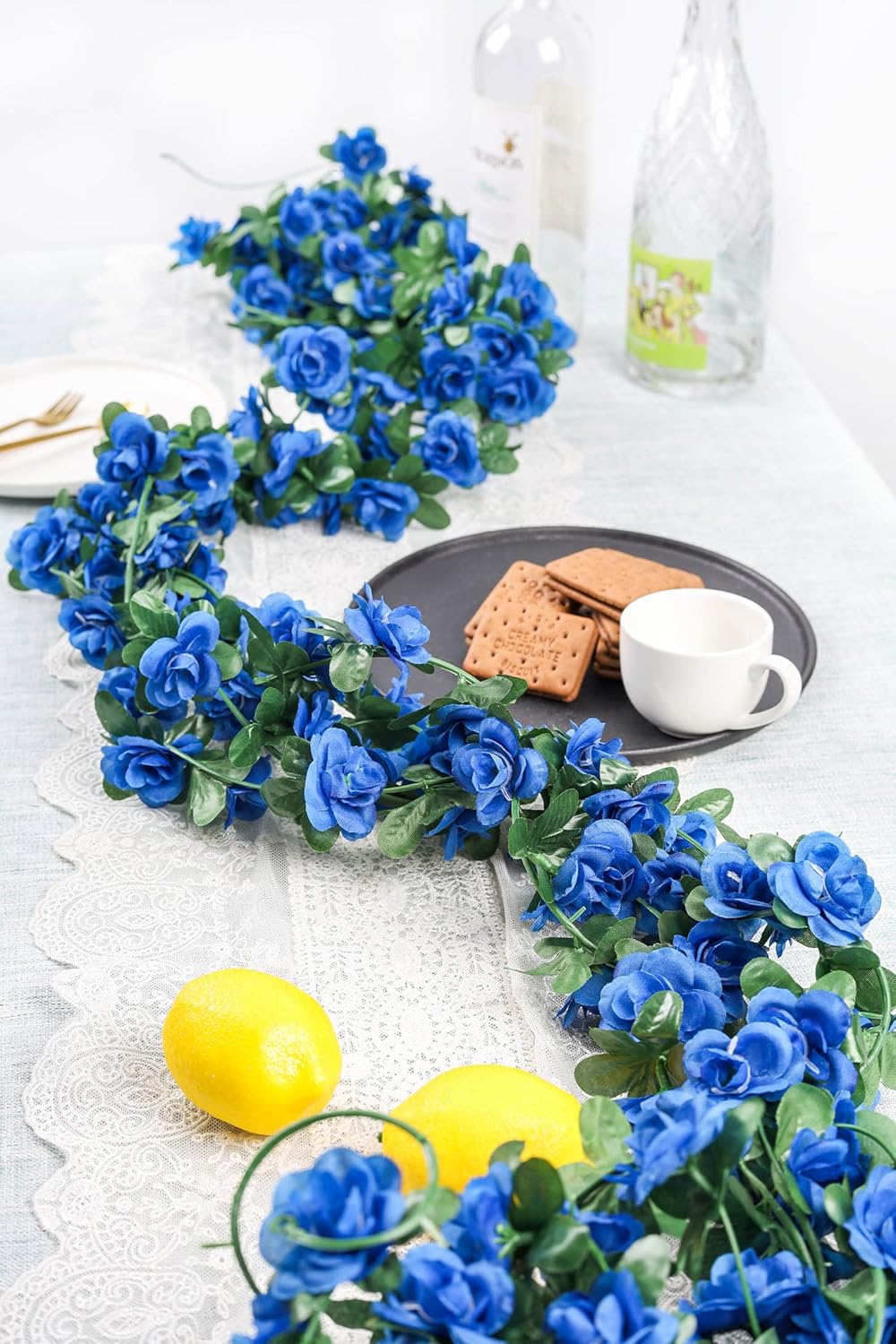 Miracliy 5Pcs 41FT Blue Flower Garland Artificial Rose Arch Vines Fake Spring Floral Garland for Flower Wall Backdrop Wedding Mothers Day Garden Tea Party Decoration