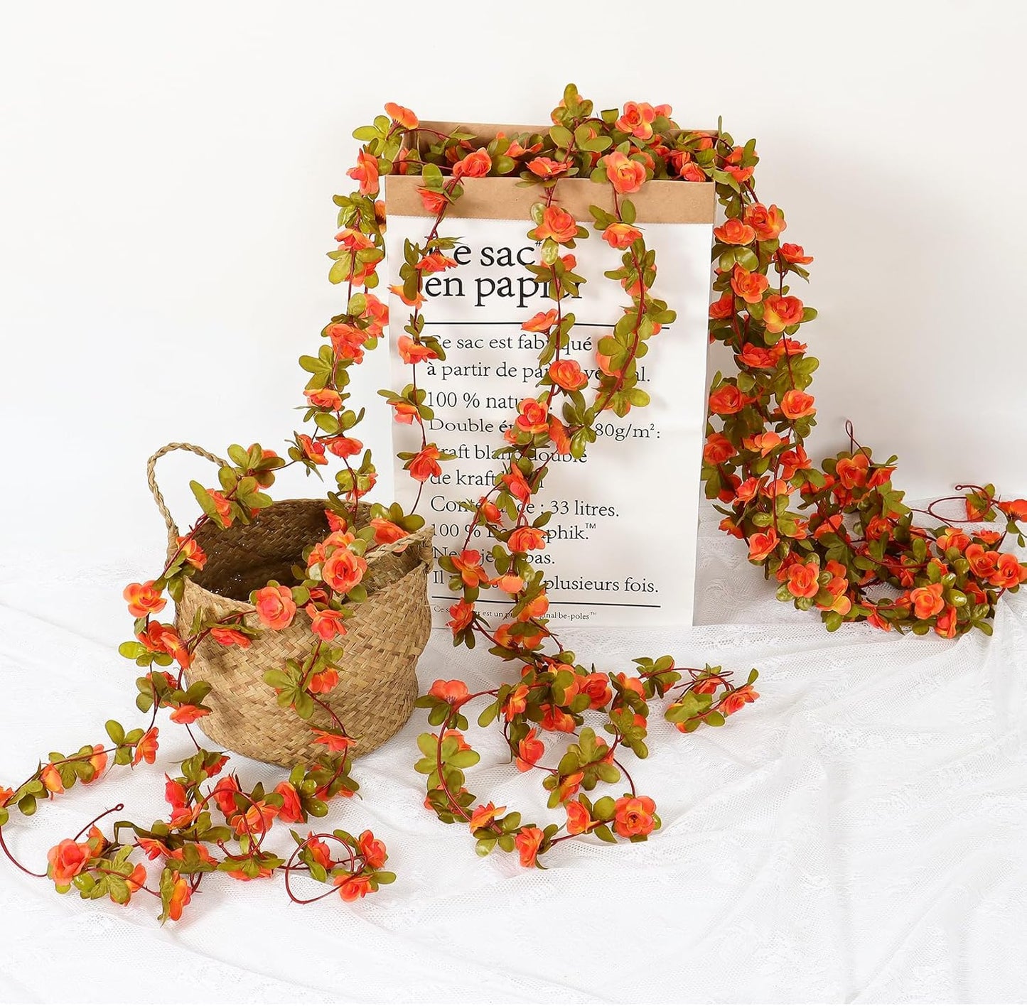 KHOYIME 9 Pack 72 FT Artificial Fall Flower Garland, Fake Orange Roses Vines Silk Flowers Faux Plastic Outdoor Hanging Floral Garland Autumn Decoration for Indoor Table Home Wall Backdrop Room Decor