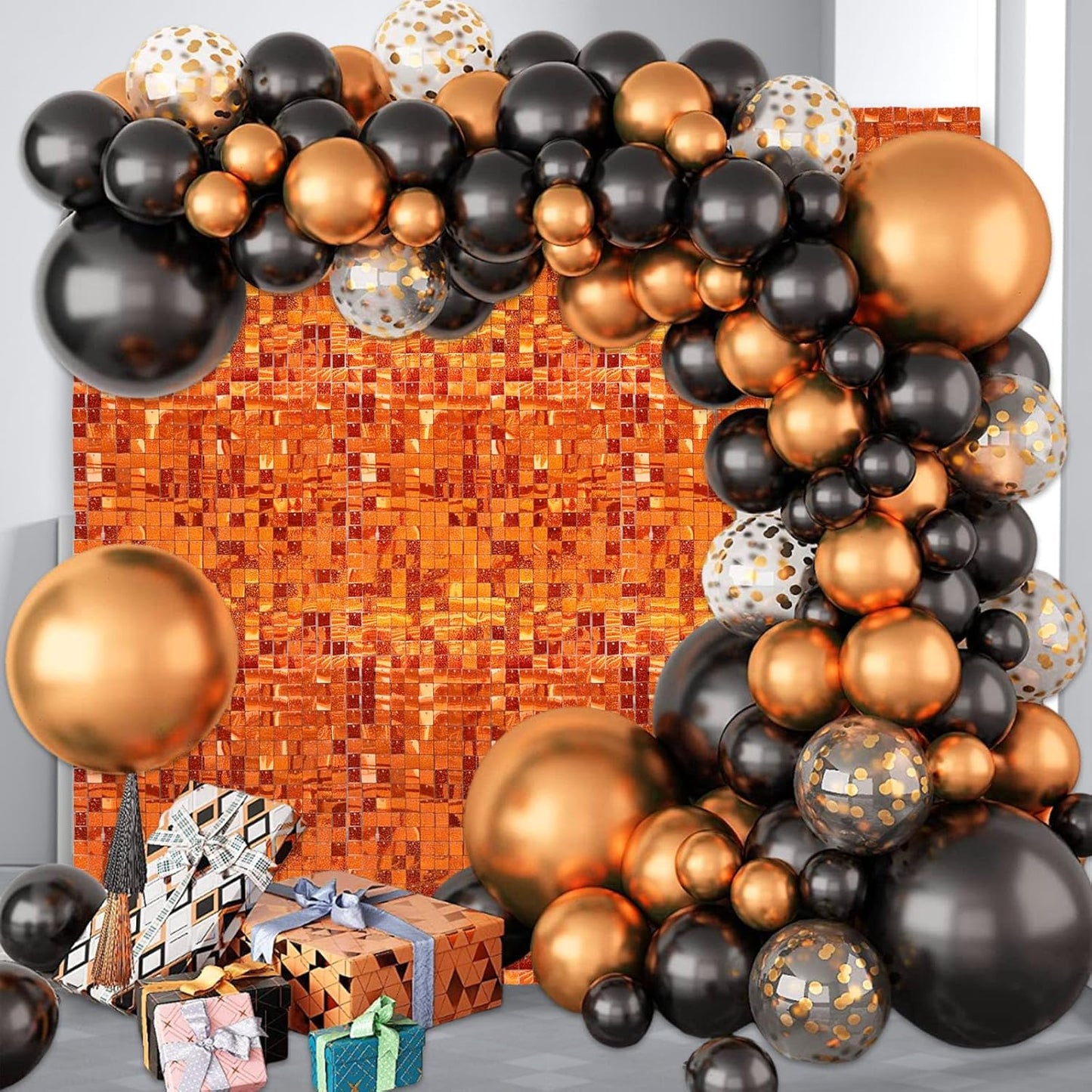 12PCS Orange Shimmer Wall Backdrop, Laser Square Sequin Photo Backdrops Panel, Glitter Wall Background for Birthdays, Weddings, Halloween, Engagements, Disco Bachelorette Party Decoration (3FTx4FT)