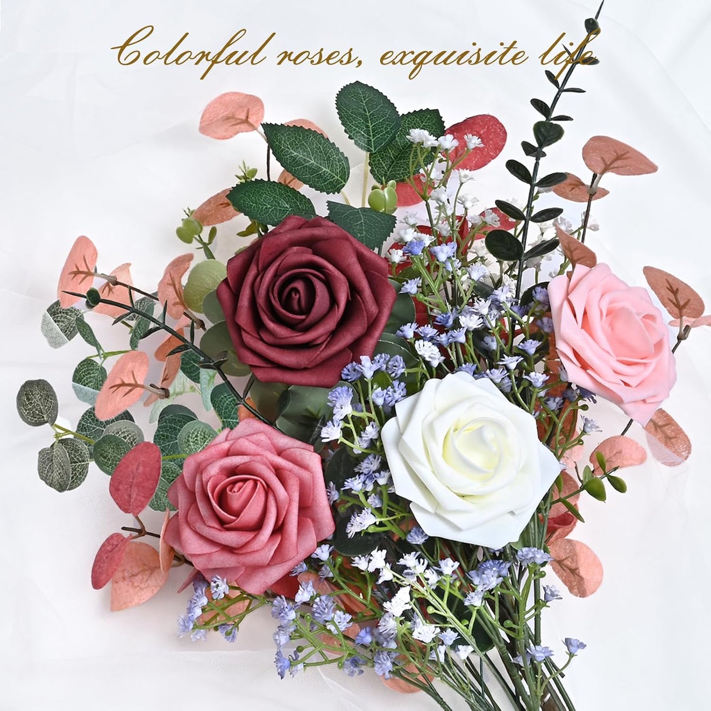 BLEUM CADE 16Pcs Artificial Flowers Fake Roses with Stems, Gradient Burgundy Boxed Foam Roses for DIY Bouquets Centerpieces Wedding Party Arrangement Bridal Shower Decor