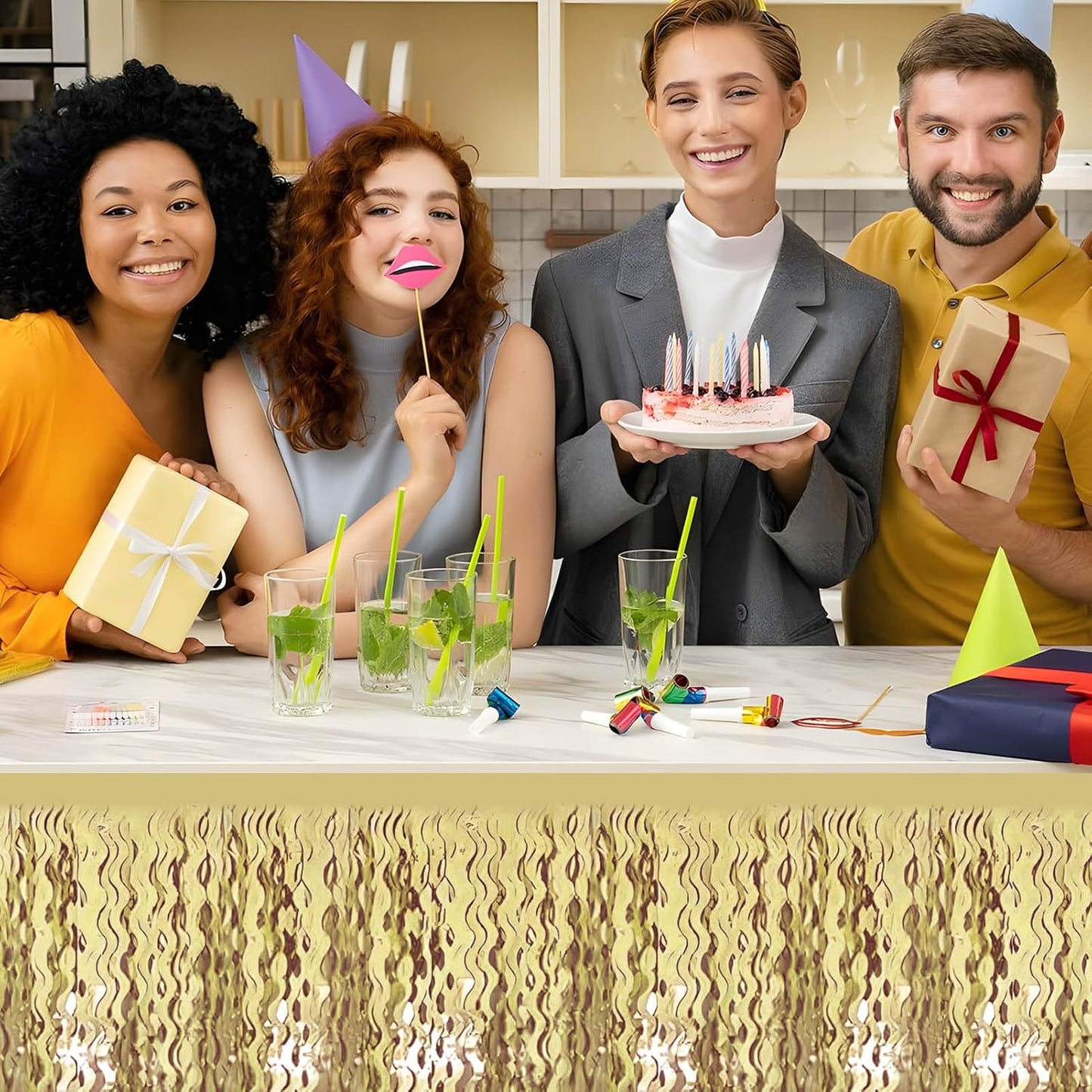 6 Pack 29x108 Inch Light Gold Wave Foil Fringe Table Skirts Metallic Banner for Tinsel Streamer Garland Backdrop for Parade Floats Wedding, Mother's Day, Birthday Mardi Gras Party Decorations