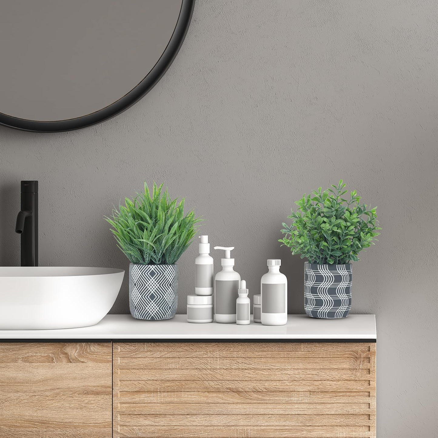 2 Pack Small Fake Plants, Fake Grass Plant, Artificial Boxwood with Geometric Pattern Cement Pots, Small Potted Faux Greenery for Home Decor, Bathroom, Shelf, Office, Farmhouse Decoration