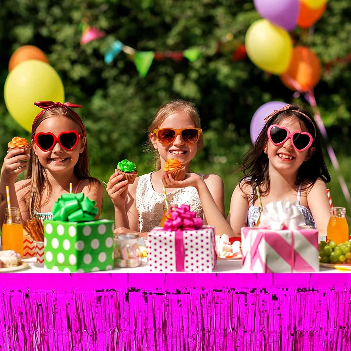 4 Pack 29x108 Inch Metallic Foil Fringe Tinsel Table Skirts for Rectangle Tables Streamer Curtains Backdrop for Christmas, Birthday, Parade Floats, Halloween Day Party Supplies(Fuchsia)